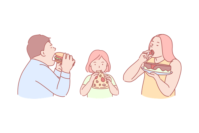 Família comendo fast food juntos  Ilustração