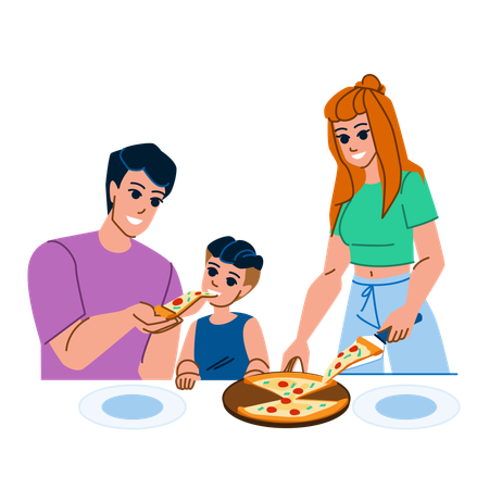 Família comendo pizza  Ilustração