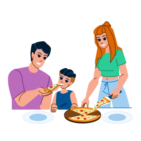 Família comendo pizza  Ilustração