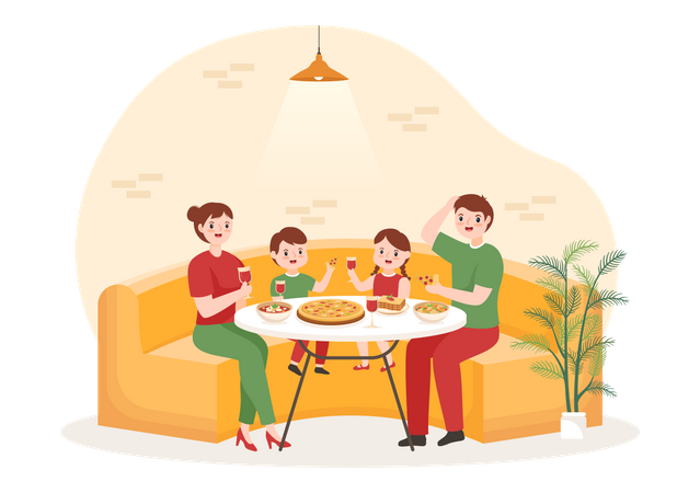Família comendo pizza em restaurante italiano  Ilustração