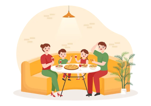 Família comendo pizza em restaurante italiano  Ilustração