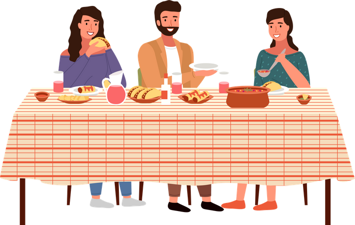Família comendo pratos da culinária mexicana  Ilustração