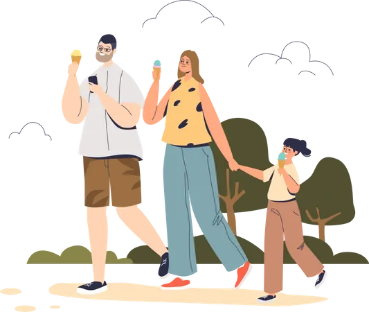 Família tomando sorvete no parque  Ilustração