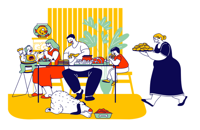 Familia comiendo alimentos poco saludables  Ilustración
