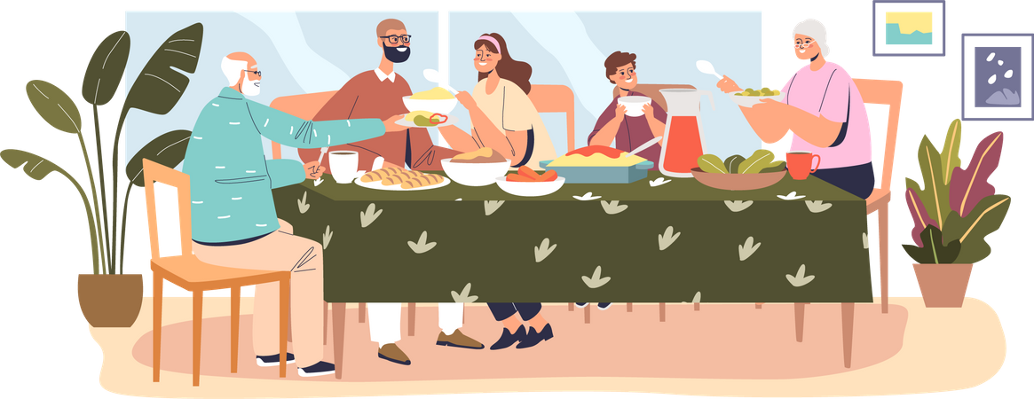 Familia cenando juntos  Ilustración