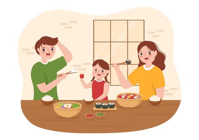 Familia comiendo comida coreana  Ilustración