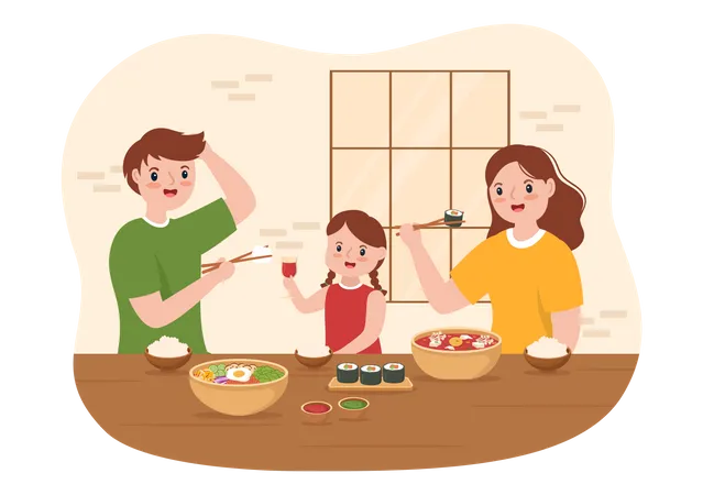 Familia comiendo comida coreana  Ilustración