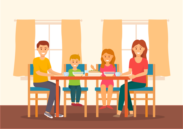 Familia comiendo comida diferente en casa  Ilustración