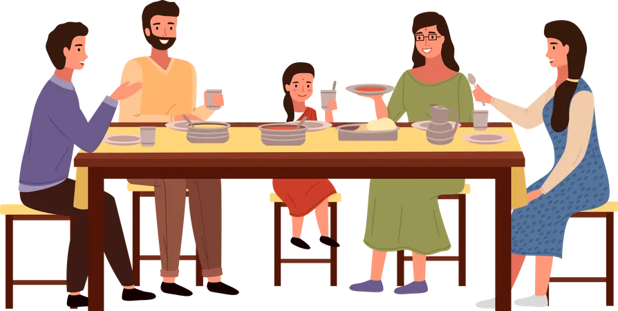 Familia comiendo comida india juntos en la mesa  Ilustración