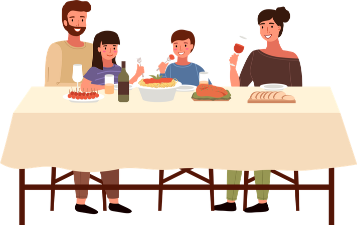 Familia comiendo comida italiana en casa  Ilustración