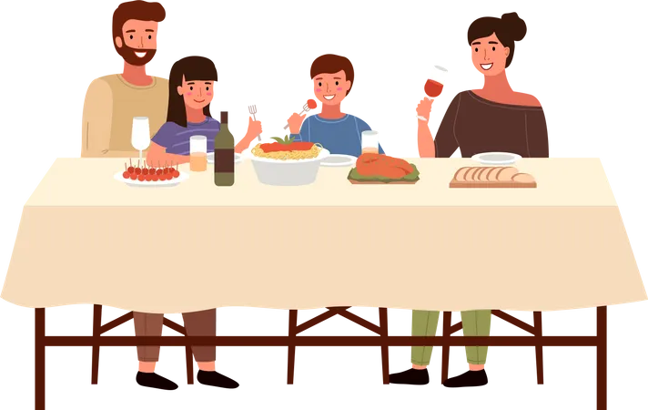 Familia comiendo comida italiana en casa  Ilustración