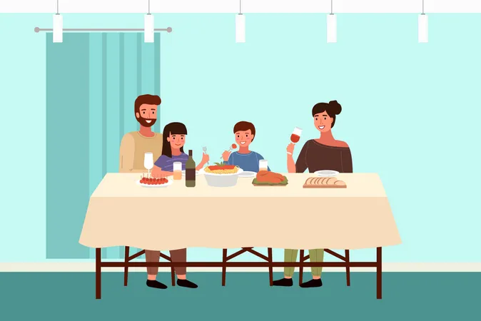 Familia comiendo comida italiana en casa  Ilustración