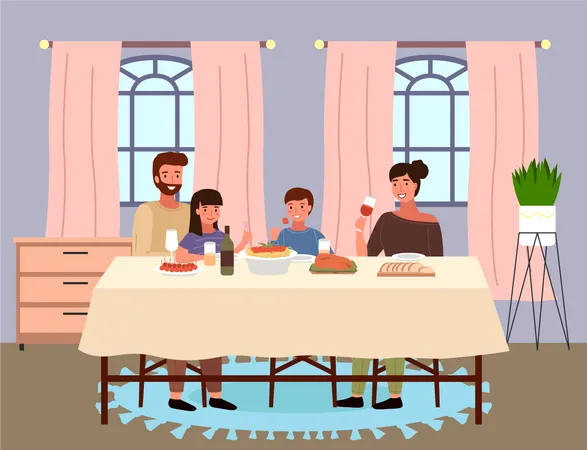 Familia comiendo comida italiana juntos en casa  Ilustración