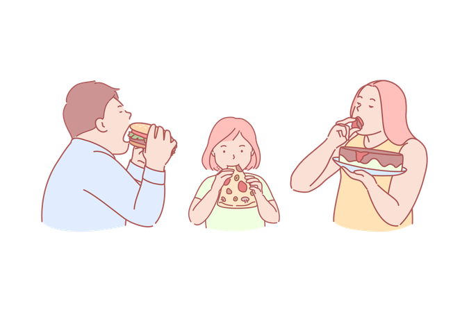 Familia comiendo comida rápida juntos  Ilustración