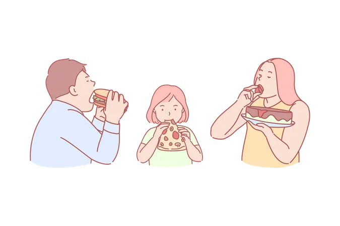 Familia comiendo comida rápida juntos  Ilustración