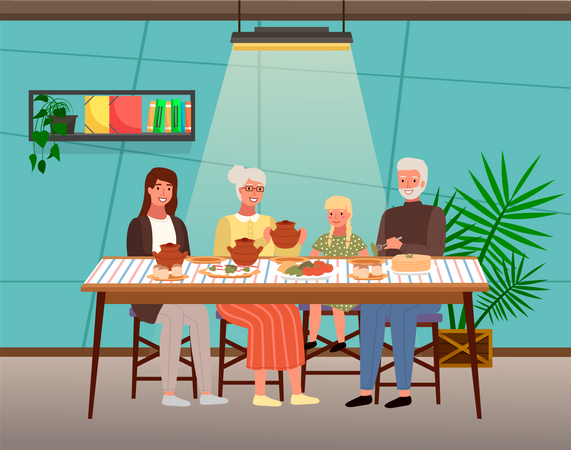 Familia comiendo comida rusa en casa  Ilustración