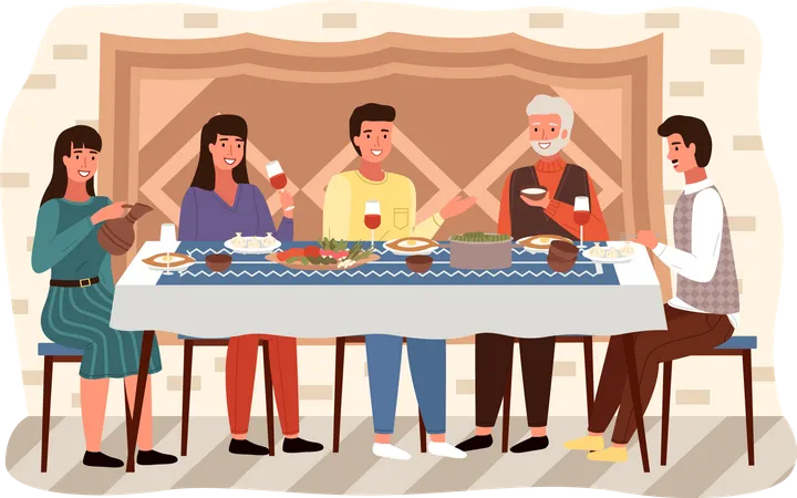 Familia comiendo comida tradicional georgiana  Ilustración