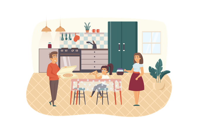 Familia comiendo pizza juntos en la cocina  Ilustración