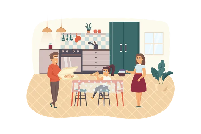 Familia comiendo pizza juntos en la cocina  Ilustración