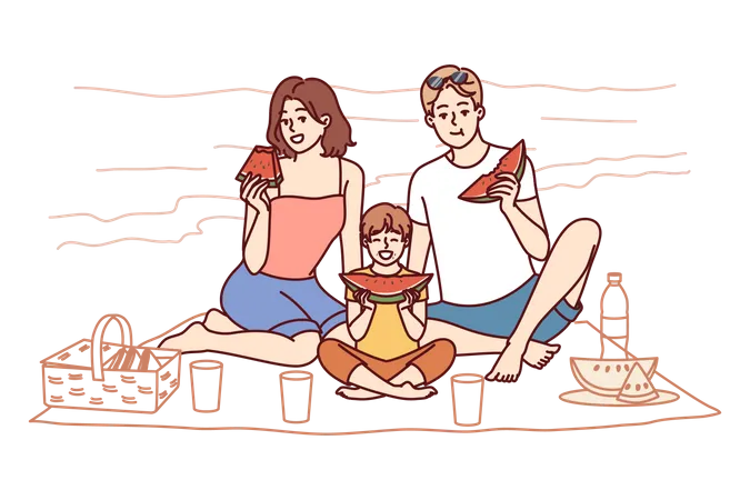 Familia comiendo sandía  Ilustración