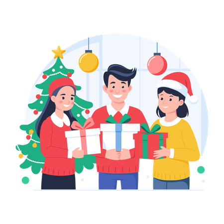 Familia compartiendo regalos de Navidad entre sí  Ilustración