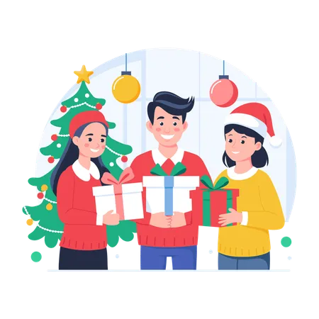 Familia compartiendo regalos de Navidad entre sí  Ilustración