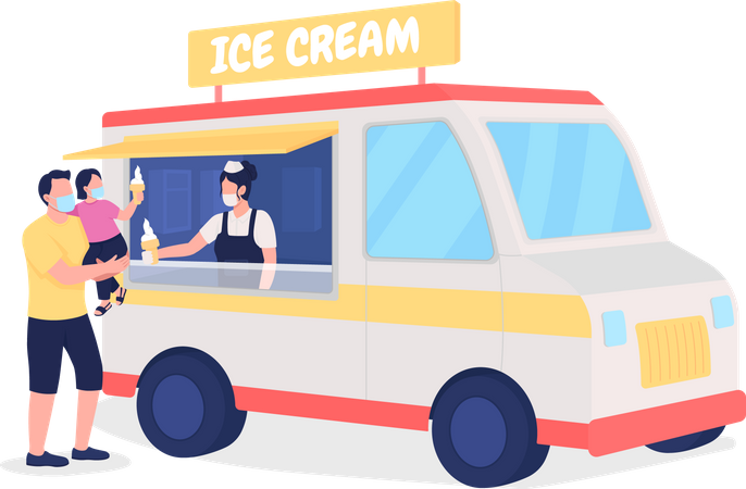 Familia comprando helado en un camión  Ilustración