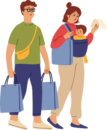 Compras familiares. Bolsa de comida para mujer, pareja corriendo a comprar. Mamá lleva bolsas, los padres compran ropa a los niños. Clientes en carácter vectorial del centro comercial. Mujer y hombre, comprador persona hacer compras ilustración  Ilustración