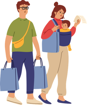 Compras em família. Saco de comida de mulher, casal correndo para fazer compras. A mãe carrega sacolas, os pais compram roupas para as crianças. Clientes em caráter vetorial de shopping. Mulher e homem, comprador individual fazem compras ilustração  Ilustração