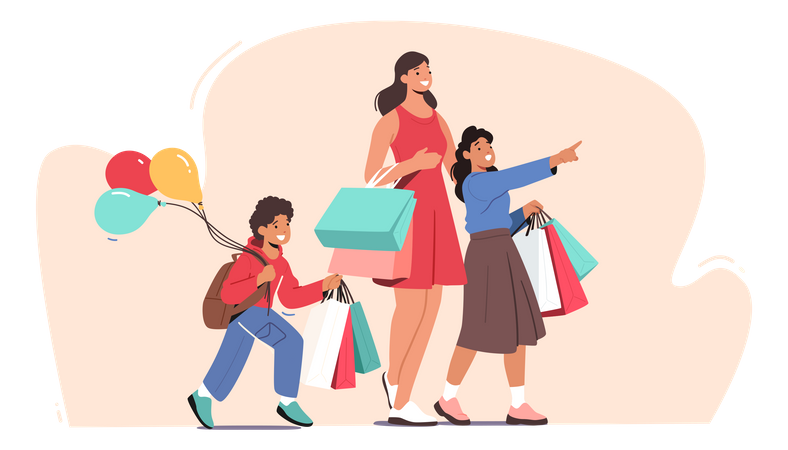 Tiempo libre de fin de semana de compras familiares  Ilustración