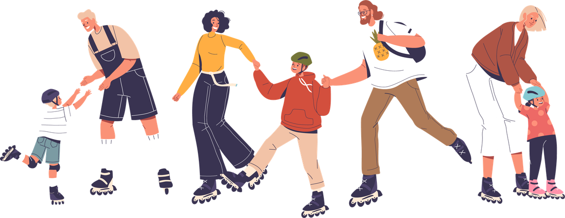 La familia se desliza alegremente en patines  Ilustración