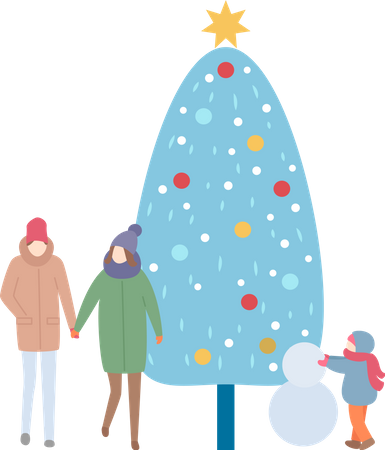 Familia con árbol de Navidad y muñeco de nieve.  Ilustración
