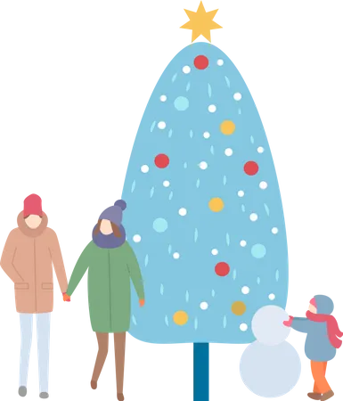 Familia con árbol de Navidad y muñeco de nieve.  Ilustración