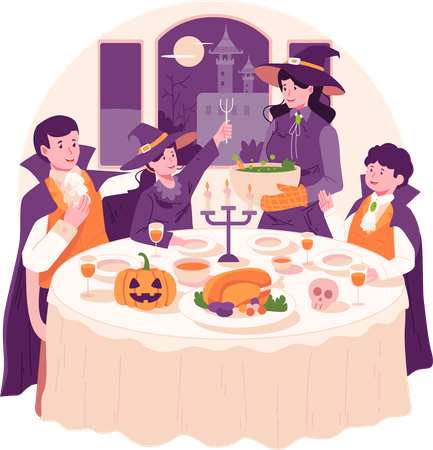 Familia con disfraces cenando juntos en la noche de Halloween  Ilustración