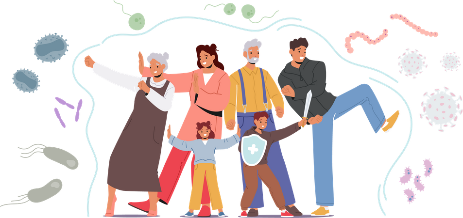 Familia con fuerte escudo inmunológico  Ilustración