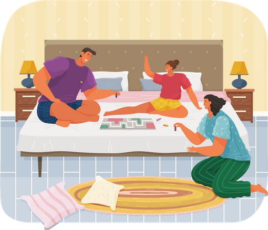 La familia con juego de mesa pasa tiempo en el dormitorio  Ilustración