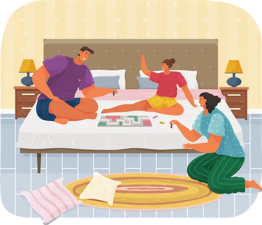 La familia con juego de mesa pasa tiempo en el dormitorio  Ilustración