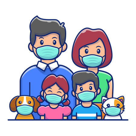 Familia usando máscara durante la pandemia de corona  Ilustración