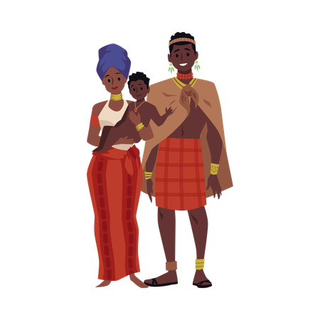 Familia con niño de una tribu o aldea africana  Ilustración