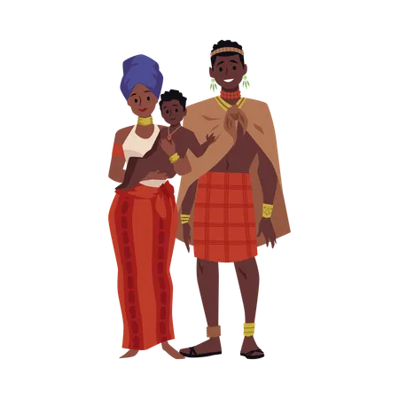 Familia con niño de una tribu o aldea africana  Ilustración