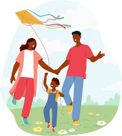 Familia con niño volando cometa  Ilustración