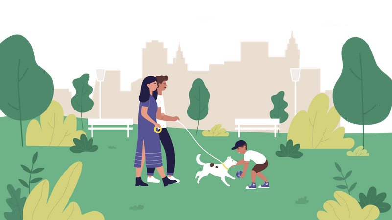 Familia con perro en el parque  Ilustración