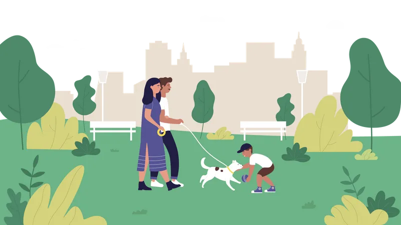 Familia con perro en el parque  Ilustración