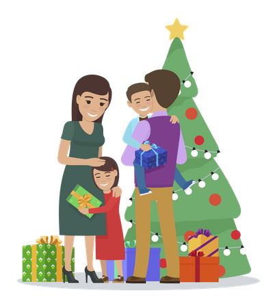 Familia con regalo de Navidad  Ilustración