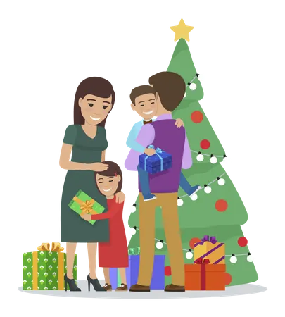 Familia con regalo de Navidad  Ilustración