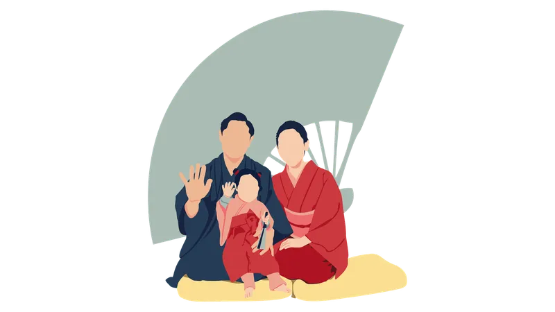 Familia con ropa de samurai japonés  Ilustración