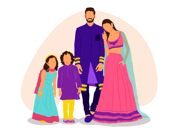 Familia con vestimenta tradicional india  Ilustración