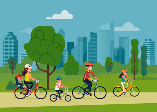 Familia con tres niños andando en bicicleta en el parque de la ciudad  Ilustración