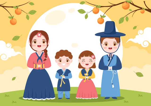Família coreana em roupas tradicionais no Dia de Chuseok  Ilustração