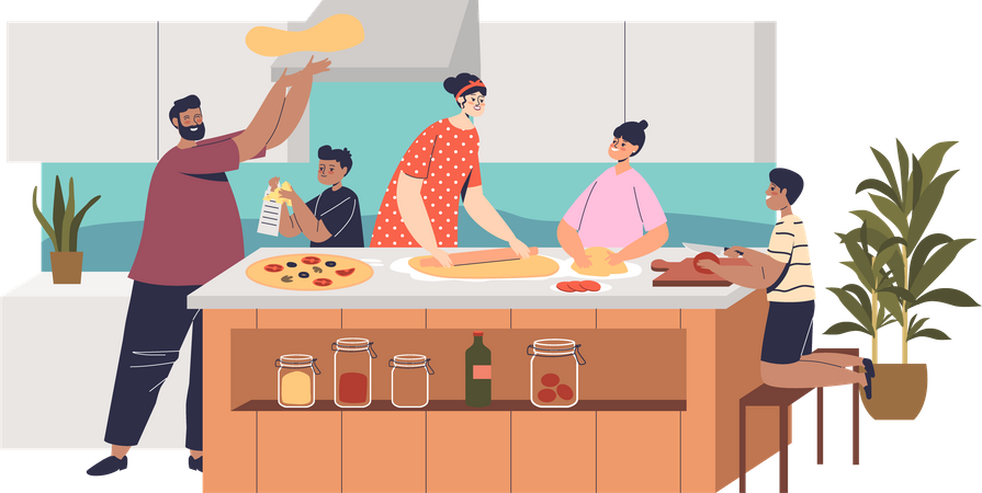 Família cozinha pizza juntos na cozinha  Ilustração